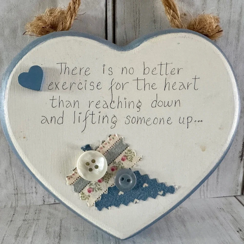 Rustic Wooden Heart Wall Plaque Inspirational Quote Blue White Cottagecore Sign